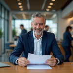 Homme d'affaires en costume dans une banque moderne