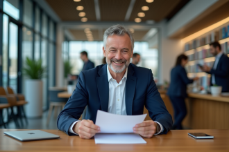 Homme d'affaires en costume dans une banque moderne