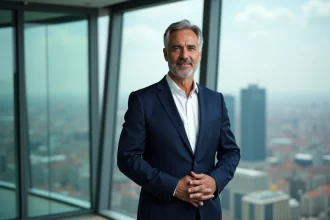 Portrait d'un homme d'affaires du Moyen-Orient en costume bleu marine dans un bureau exécutif moderne avec vue sur une ville européenne