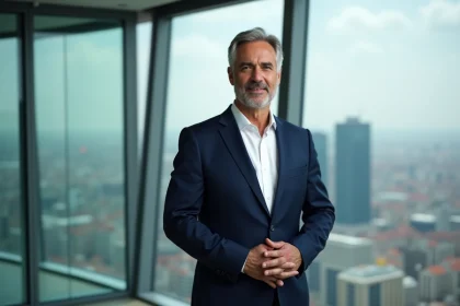 Portrait d'un homme d'affaires du Moyen-Orient en costume bleu marine dans un bureau exécutif moderne avec vue sur une ville européenne