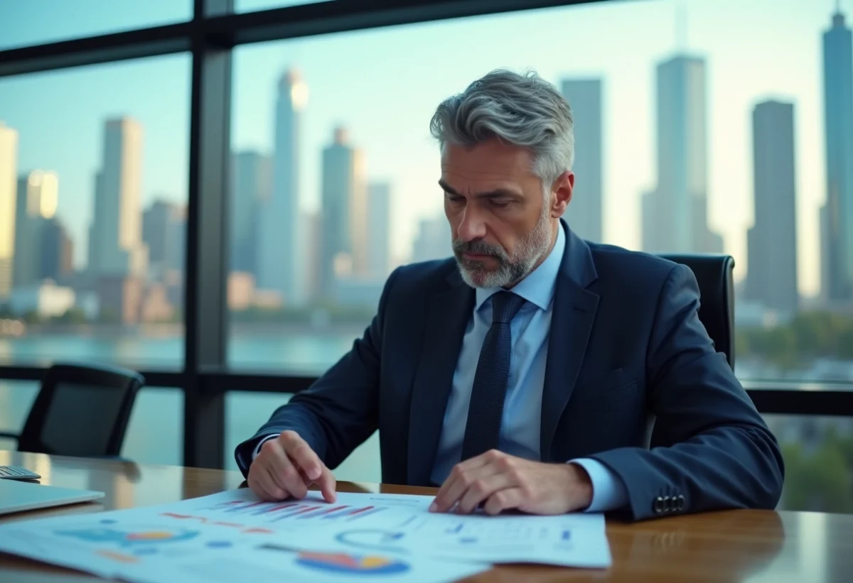 Homme d'affaires en costume dans un bureau avec graphiques et raffinerie