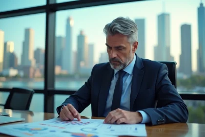 Homme d'affaires en costume dans un bureau avec graphiques et raffinerie