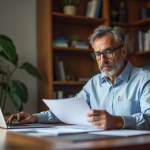 Homme d'affaires en bureau à domicile lisant des documents