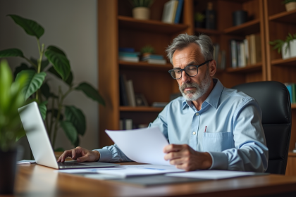 Homme d'affaires en bureau à domicile lisant des documents