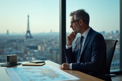 Homme d'affaires français en costume navy à Paris