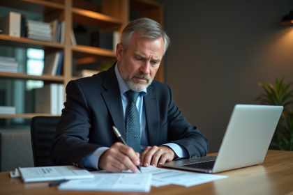 Homme d'affaires en costume noir consulte des documents financiers