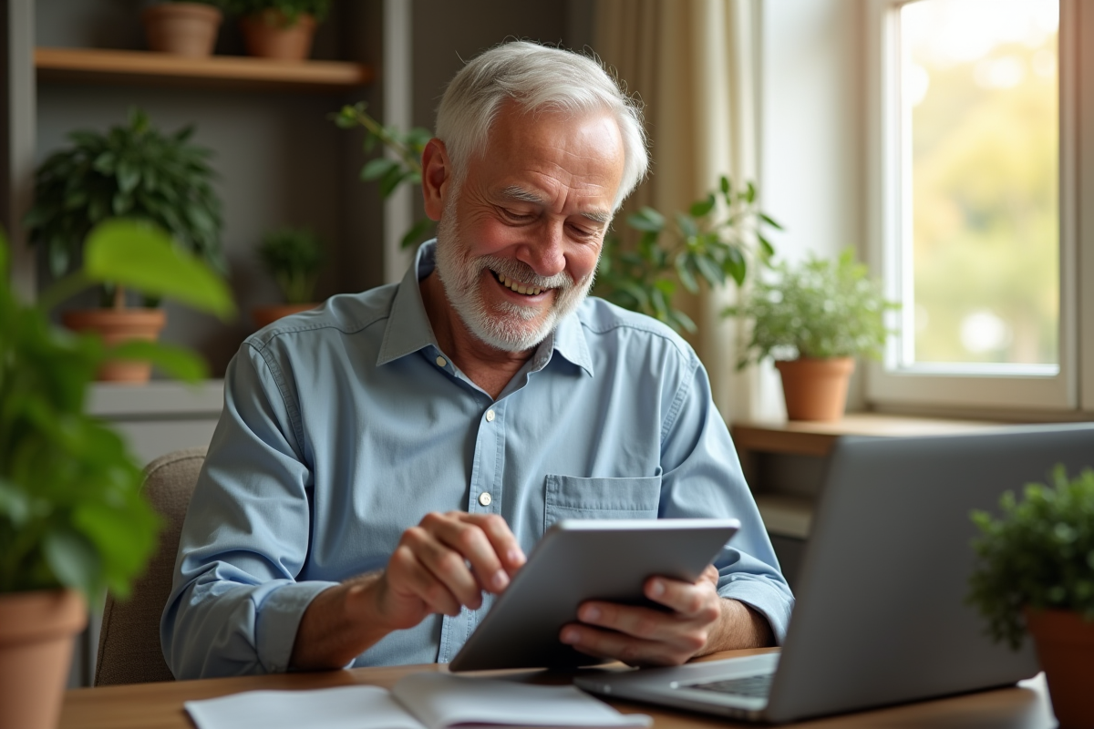 Homme senior utilisant une tablette à la maison