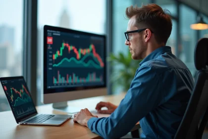 Homme en bureau étudiant des graphiques financiers en ligne