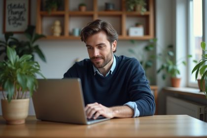 Homme d'affaires confiant utilisant un ordinateur portable dans une cuisine lumineuse