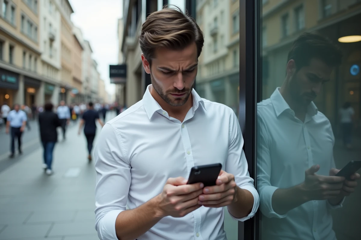 Jeune homme d affaires vérifiant son smartphone devant banque