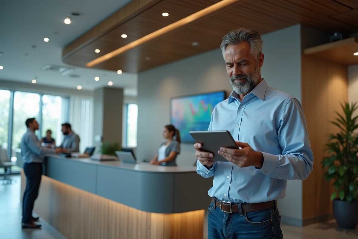 Homme d affaires regardant un graphique sur une tablette en banque