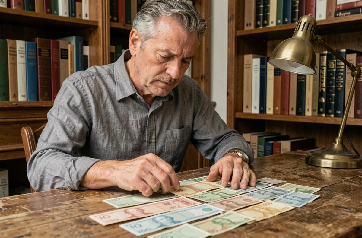 Homme examinant des billets de francs suisses anciens sur un bureau en bois, illustration de la valeur historique des 400 francs