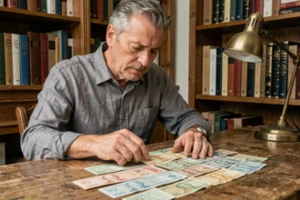 Homme examinant des billets de francs suisses anciens sur un bureau en bois, illustration de la valeur historique des 400 francs