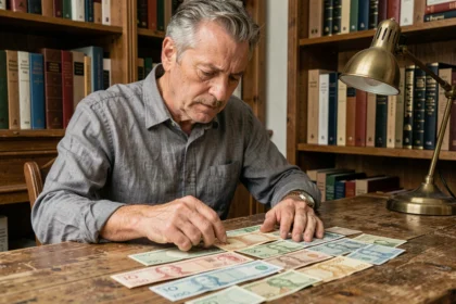 Homme examinant des billets de francs suisses anciens sur un bureau en bois, illustration de la valeur historique des 400 francs