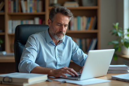 Homme d'âge moyen au bureau à domicile en pleine réflexion