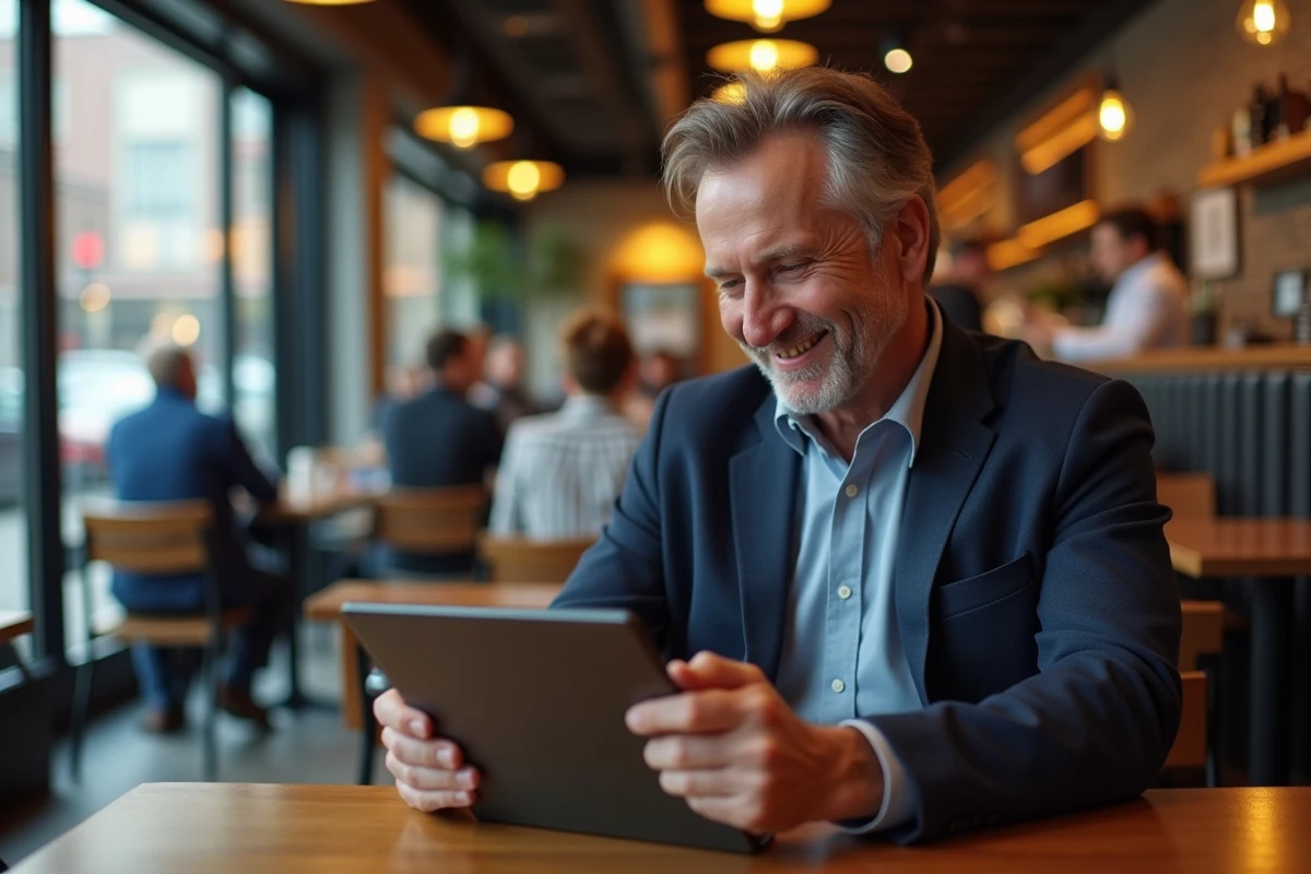 Homme souriant compare des options d