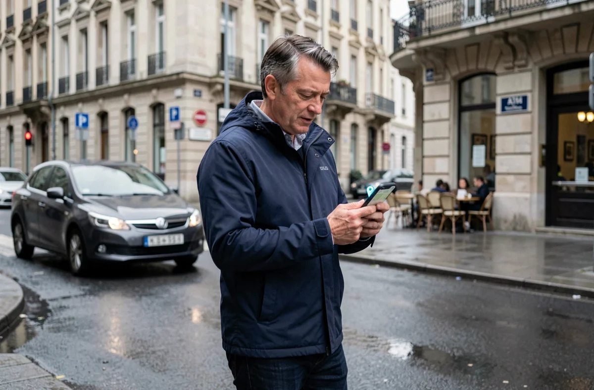 Homme consultant une carte interactive sur smartphone pour localiser un distributeur de billets dans une ville inconnue