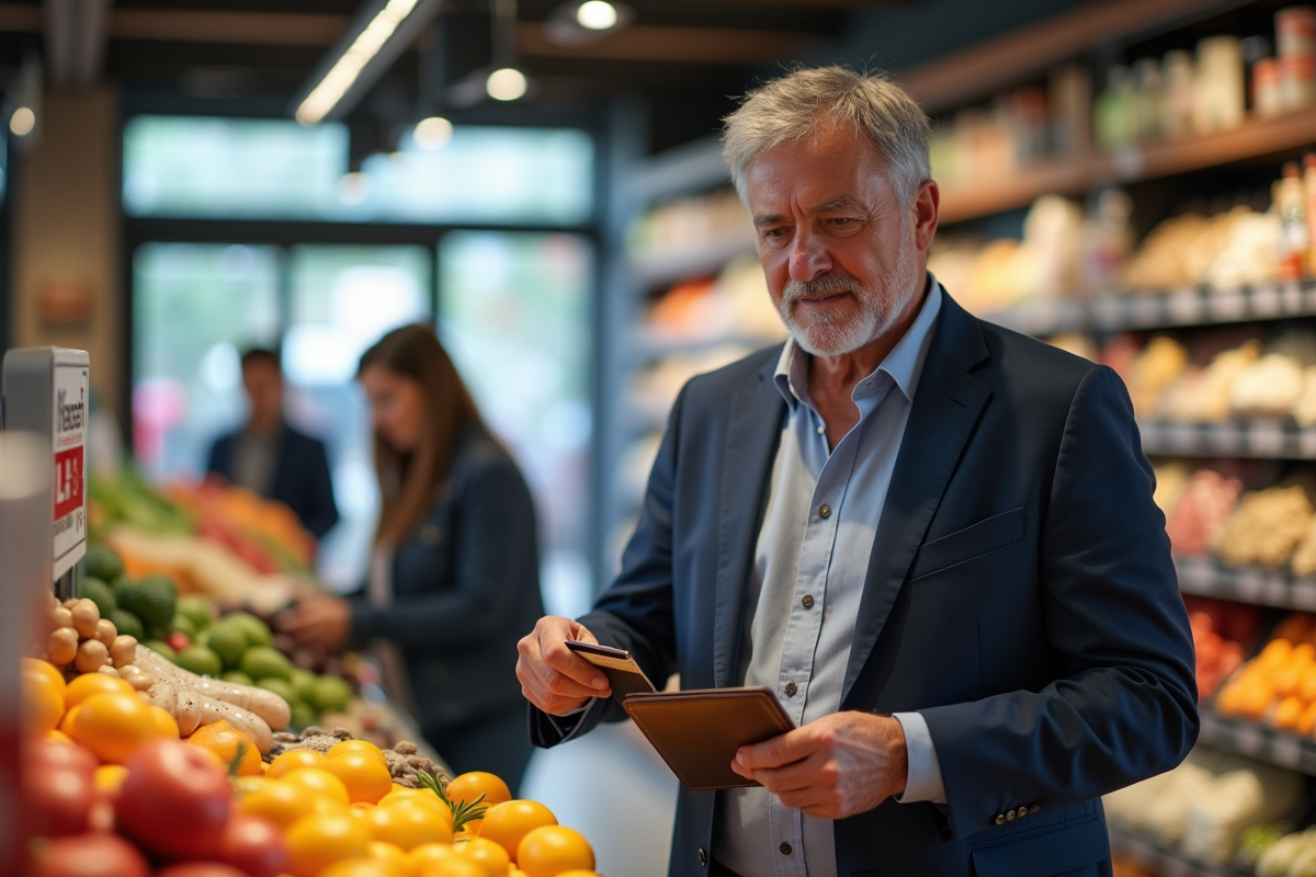Homme en costume payant dans un supermarche français