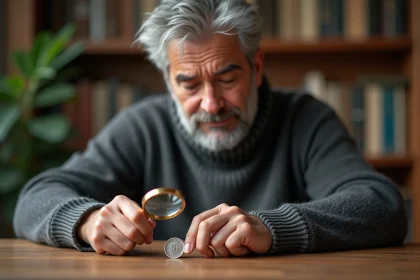 Homme d'âge moyen examinant une pièce de 50 Francs argent