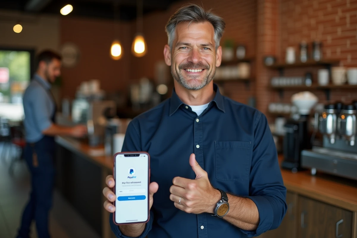 Homme consultant la confirmation d'un paiement PayPal sur son smartphone dans un café urbain