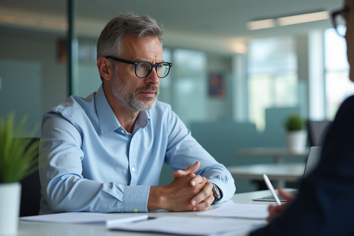 Homme en discussion avec un conseiller bancaire dans un bureau lumineux