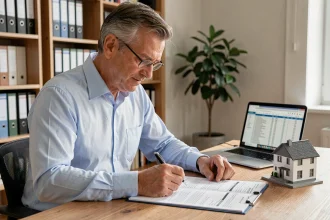 Homme consultant un contrat d'assurance prêt immobilier à son bureau à domicile