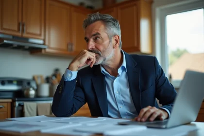 Homme d'âge moyen vérifiant des documents dans la cuisine