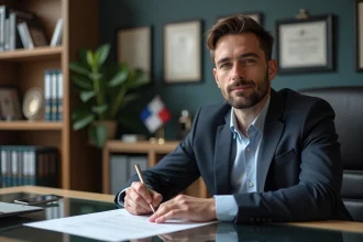 Homme d'affaires en costume dans un bureau moderne avec livres et drapeau français