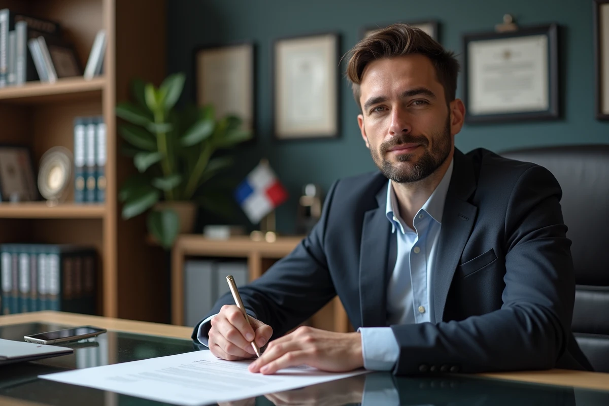 Homme d'affaires en costume dans un bureau moderne avec livres et drapeau français