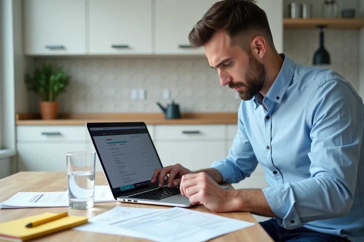 Homme en trentaine comparant ses notes manuscrites avec sa déclaration de revenus en ligne sur un ordinateur portable dans une cuisine moderne