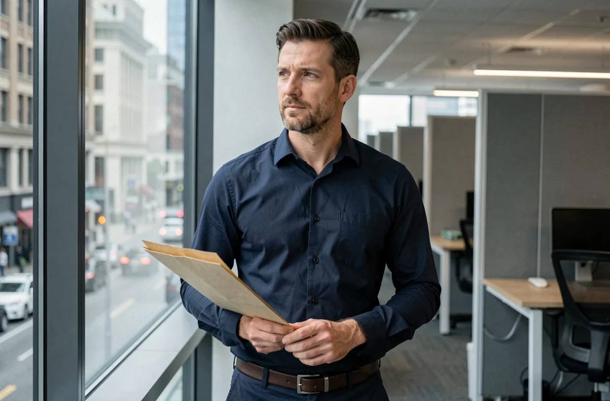 Homme en CDI tenant une enveloppe de documents après une démission dans un bureau professionnel avec vue urbaine