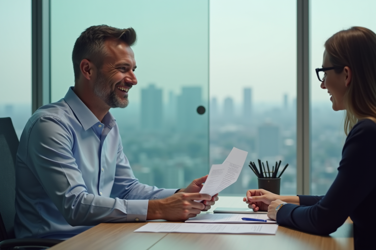 Homme souriant discutant de papiers avec conseiller financier