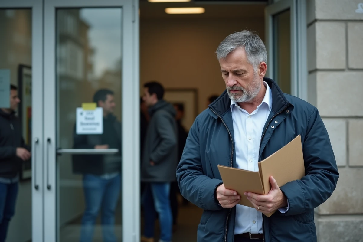 Homme tenant un dossier administratif devant une agence de services sociaux pour une demande de RSA