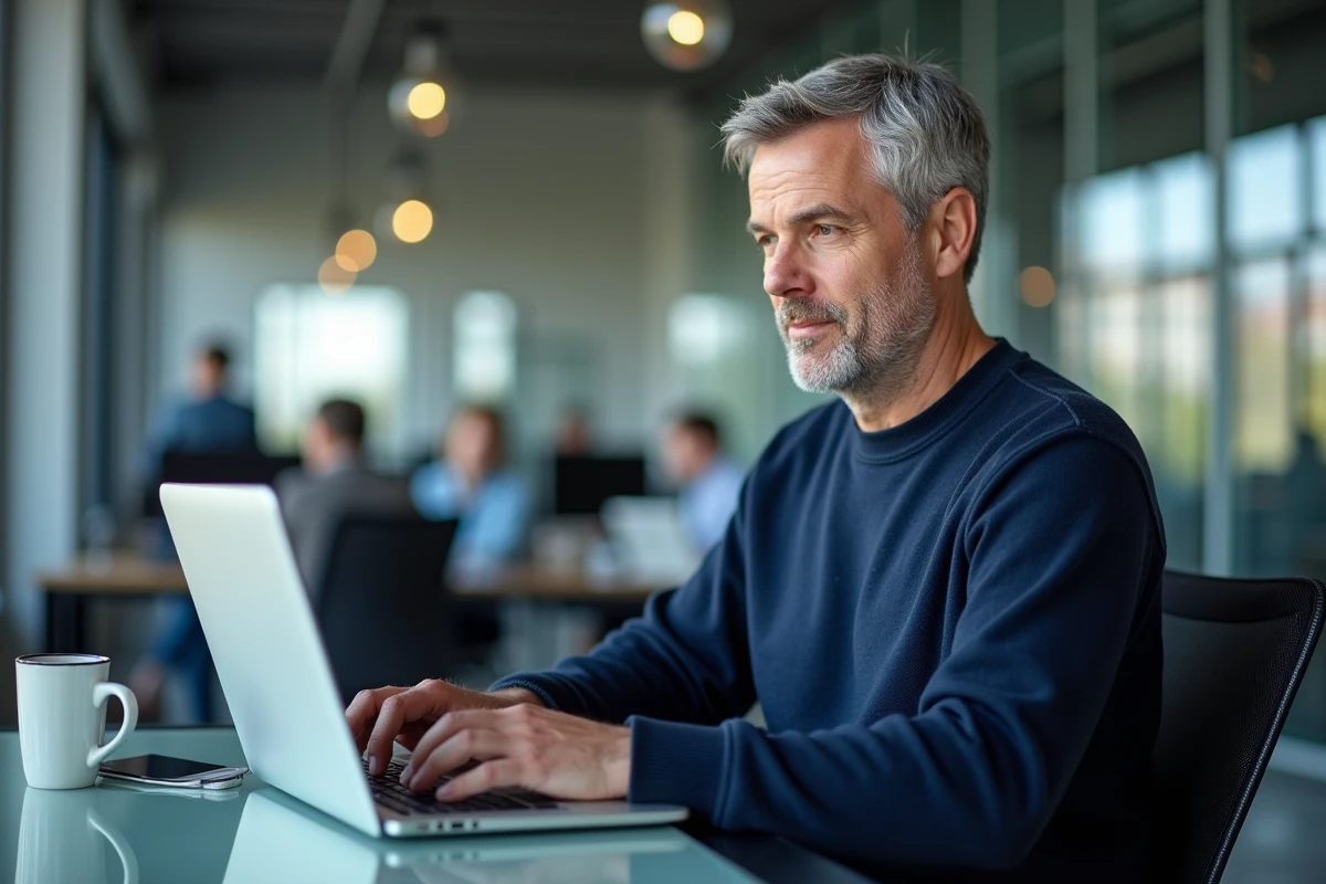Homme connecté à son espace client CMB sur ordinateur portable pour créer un numéro de carte bancaire virtuelle