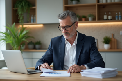 Homme d'âge moyen en costume bleu dans une cuisine moderne
