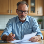 Homme d'âge moyen en cuisine avec documents et calculatrice