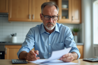 Homme d'âge moyen en cuisine avec documents et calculatrice