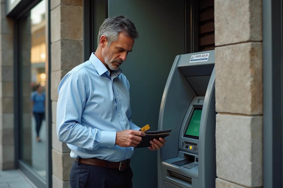Homme vérifiant son portefeuille devant un distributeur automatique