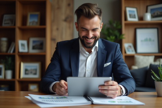 Homme d'une trentaine en costume bleu souriant avec tablette