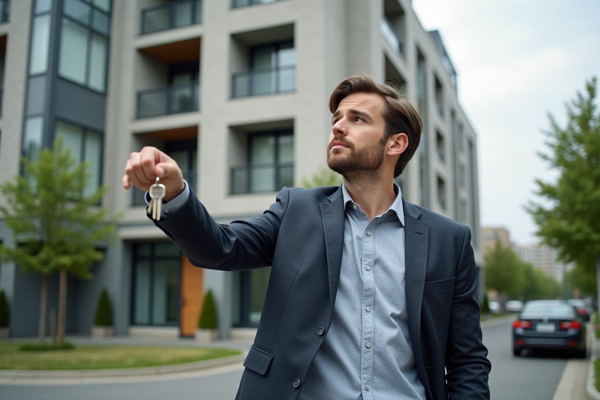 Jeune homme avec clés devant un immeuble neuf en ville