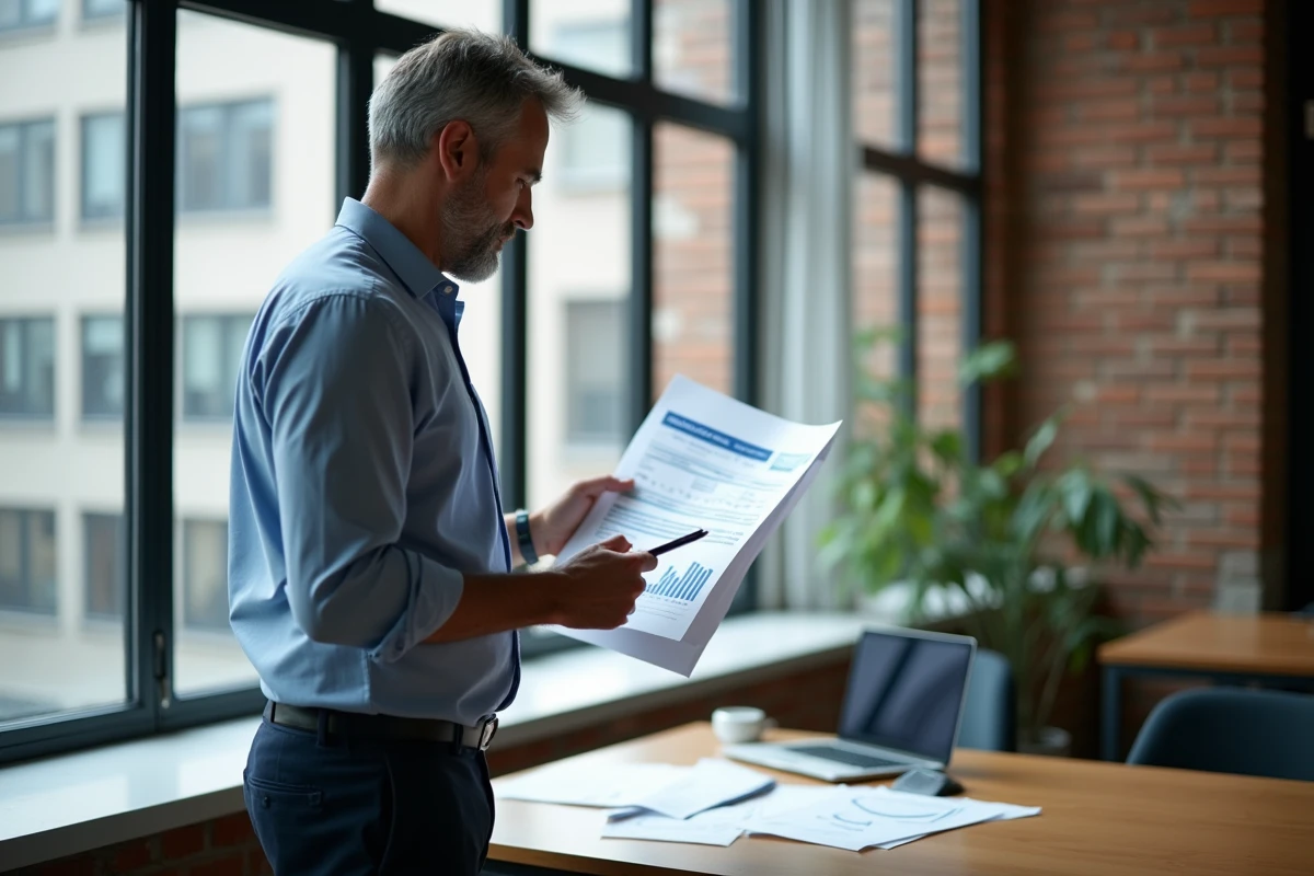 Homme regardant des graphiques financiers dans un espace de coworking
