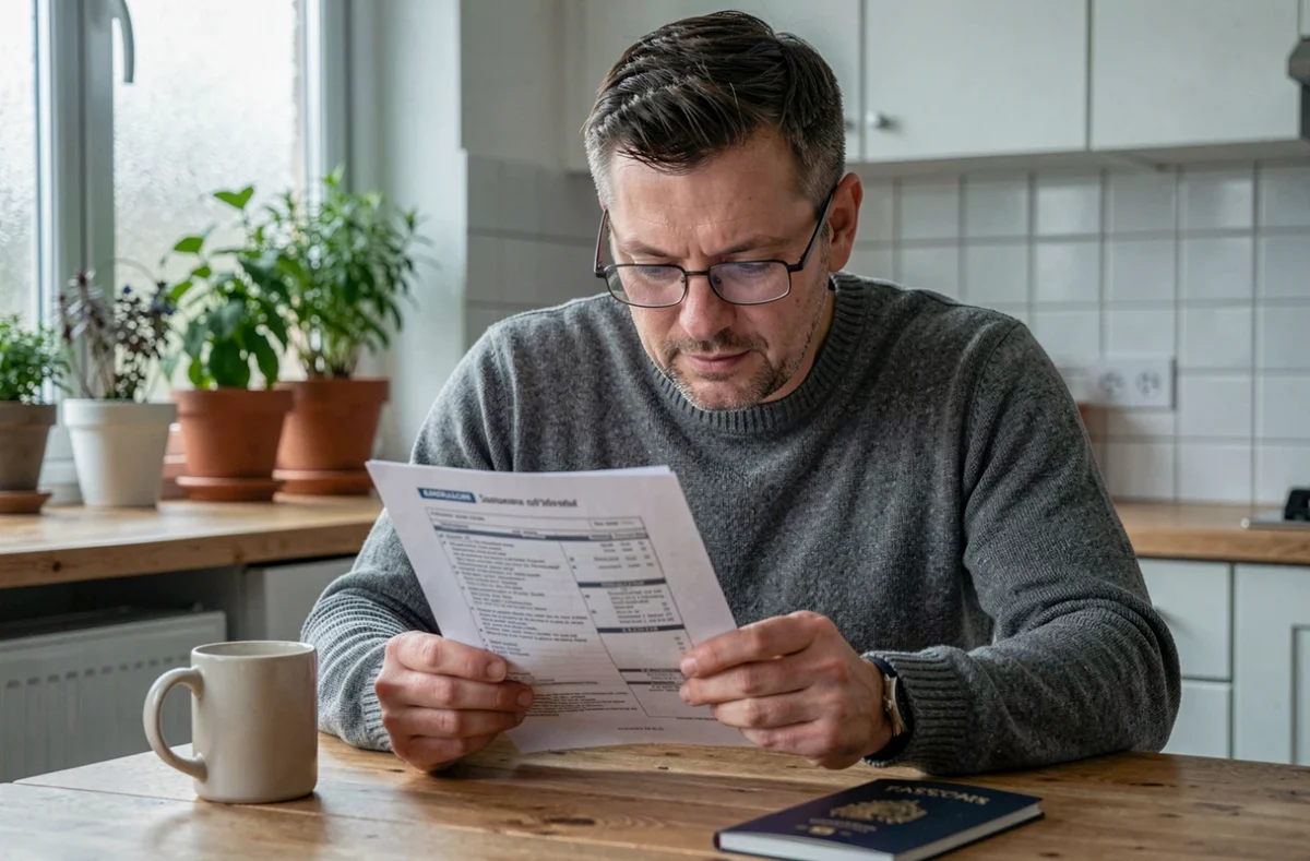 Homme lisant attentivement un contrat d'assurance voyage à la maison avant un départ