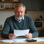 Homme d'âge moyen lisant des documents dans une cuisine chaleureuse