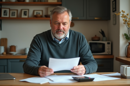 Homme d'âge moyen lisant des documents dans une cuisine chaleureuse