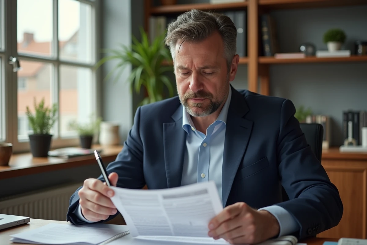 Homme en costume lisant un relevé bancaire à son bureau