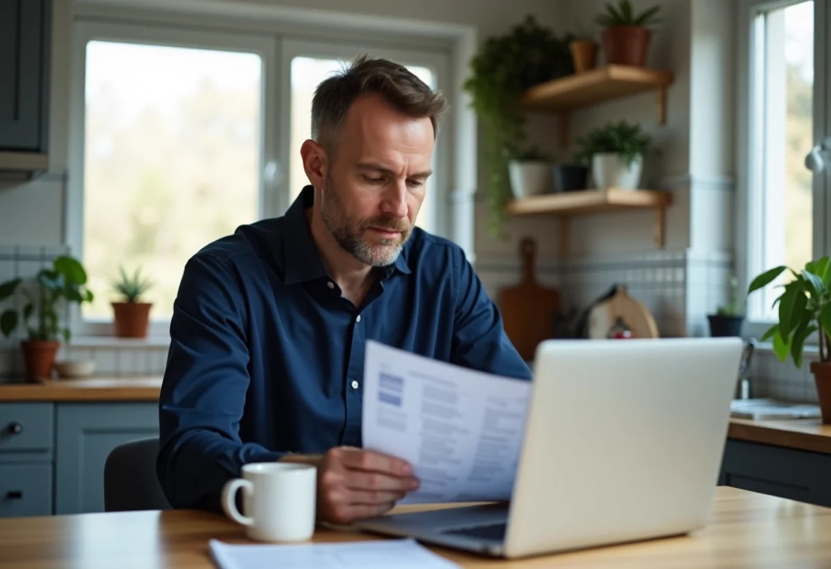 Homme d'âge moyen examinant un document RIB dans une cuisine moderne