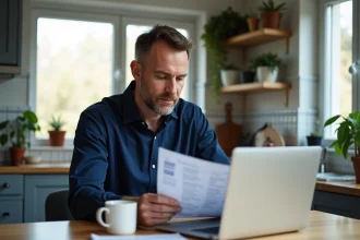 Homme d'âge moyen examinant un document RIB dans une cuisine moderne