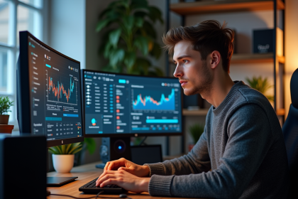 Jeune homme concentré sur un rig de minage crypto dans un appartement