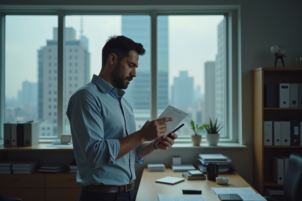 Homme anxieux vérifiant une lettre dans un bureau moderne