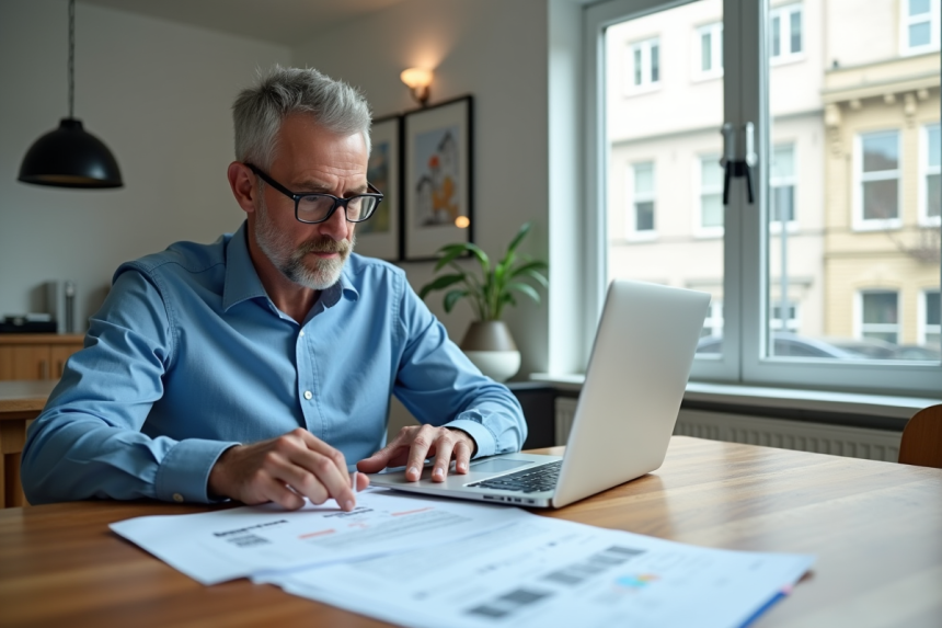Homme d'âge moyen organisant des factures dans un appartement moderne